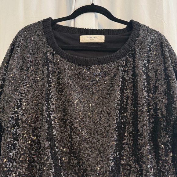 Zara Black Sequin Knit Sweater Women’s Medium 3/4 Sleeve Holiday Party Top - Picture 4 of 11